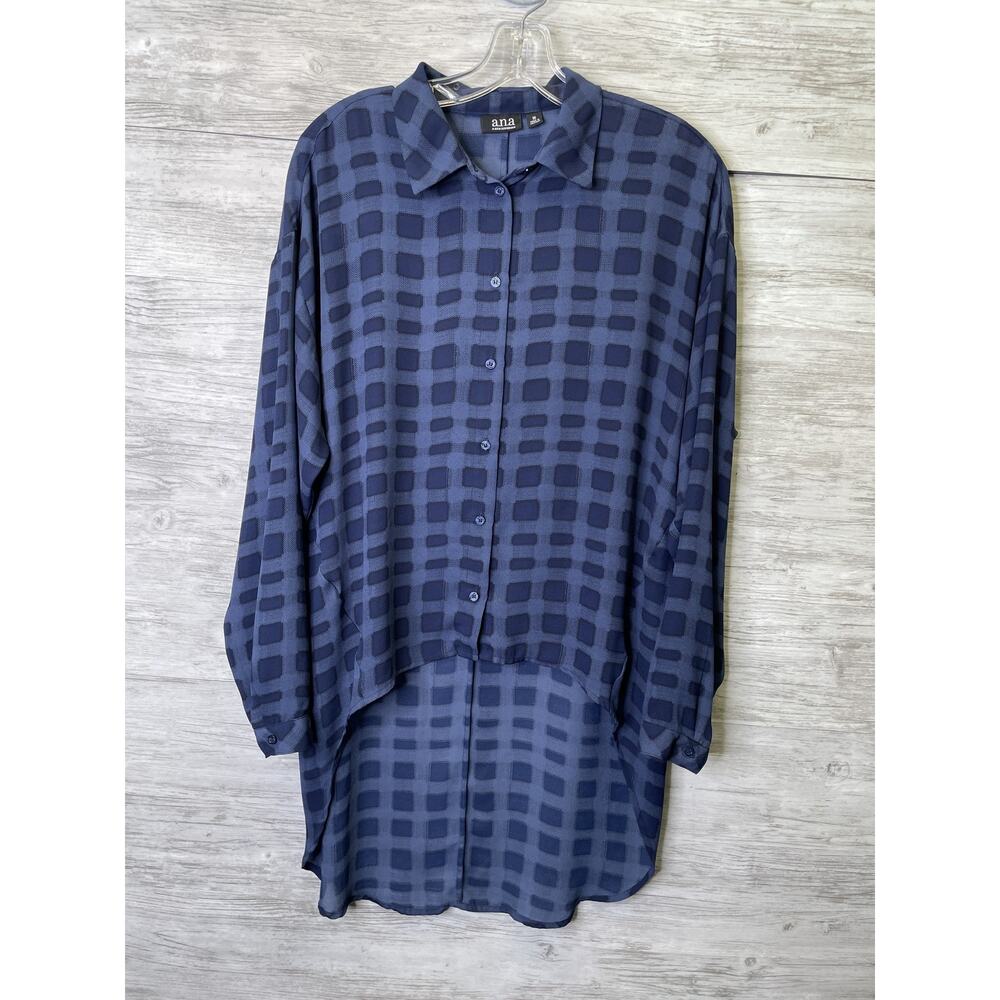 ana Shirt Womens Medium Blue Button Down High Low Tunic Sheer Blouse Lightweight
